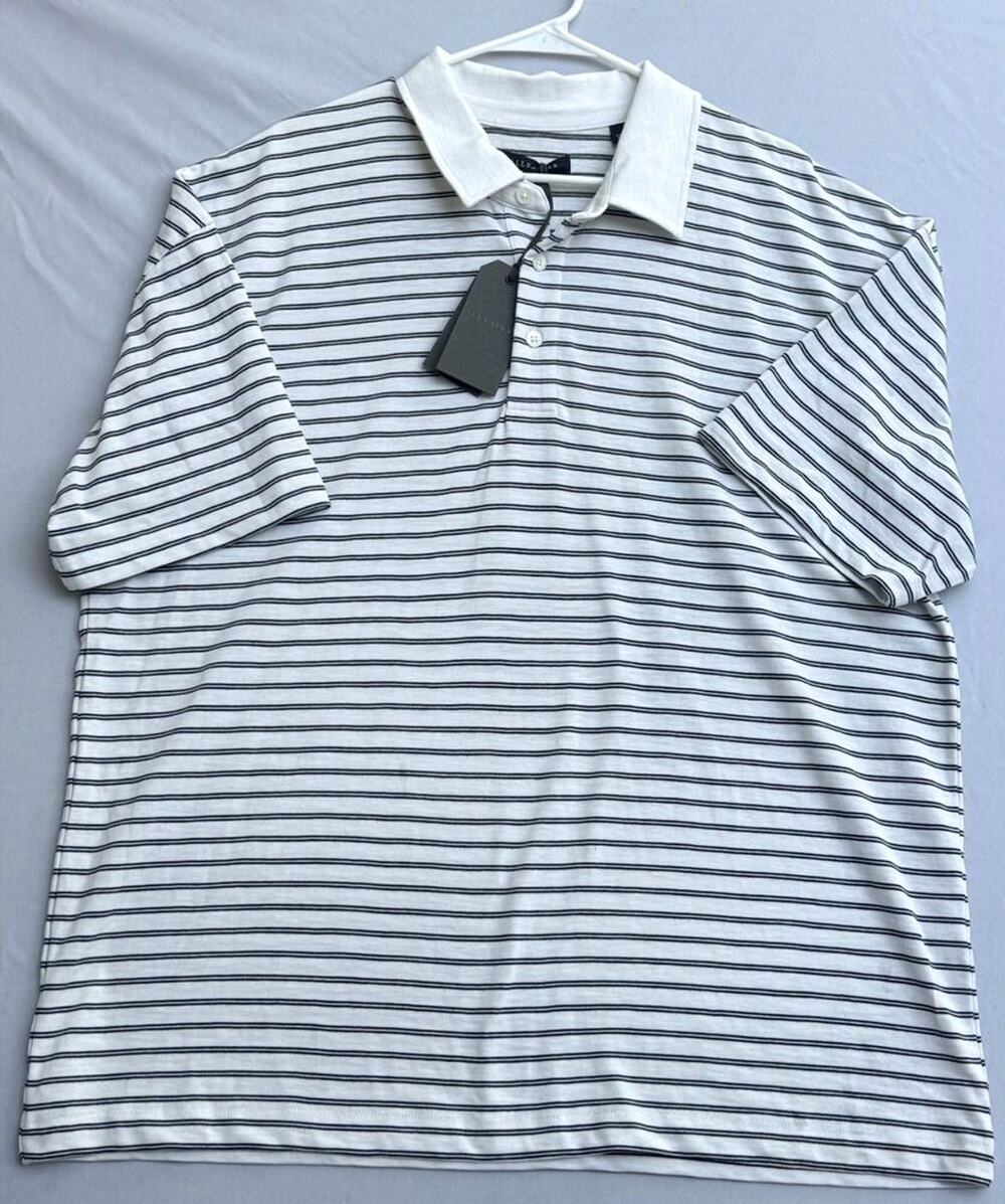 NWT AllSaints Ave Striped Polo Shirt Mens Size Large Black White Cotton Golf